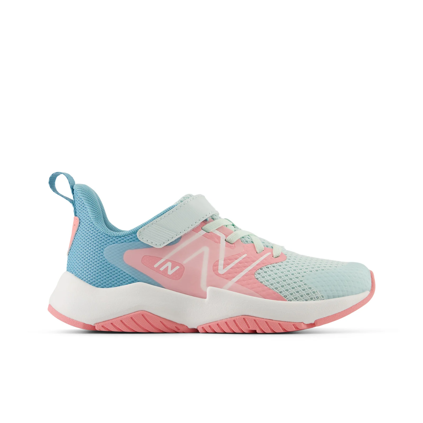 New Balance Kid's Rave Run v2 Bungee Lace with Top Strap in Glint Blue with Double Bubble and Taffy Blue