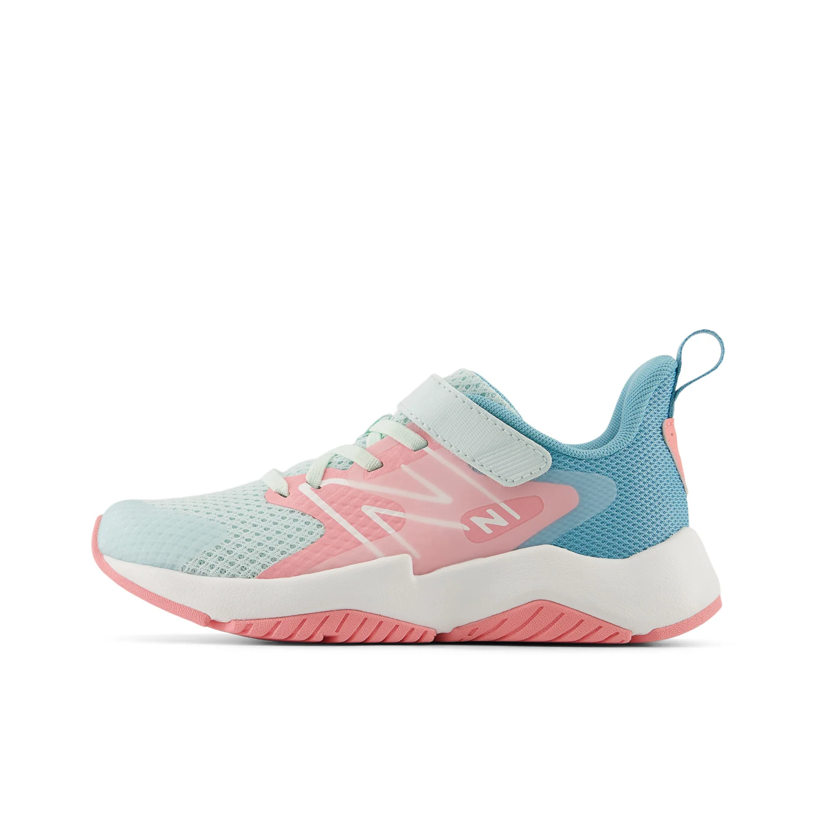 New Balance Kid's Rave Run v2 Bungee Lace with Top Strap in Glint Blue with Double Bubble and Taffy Blue - Image 6