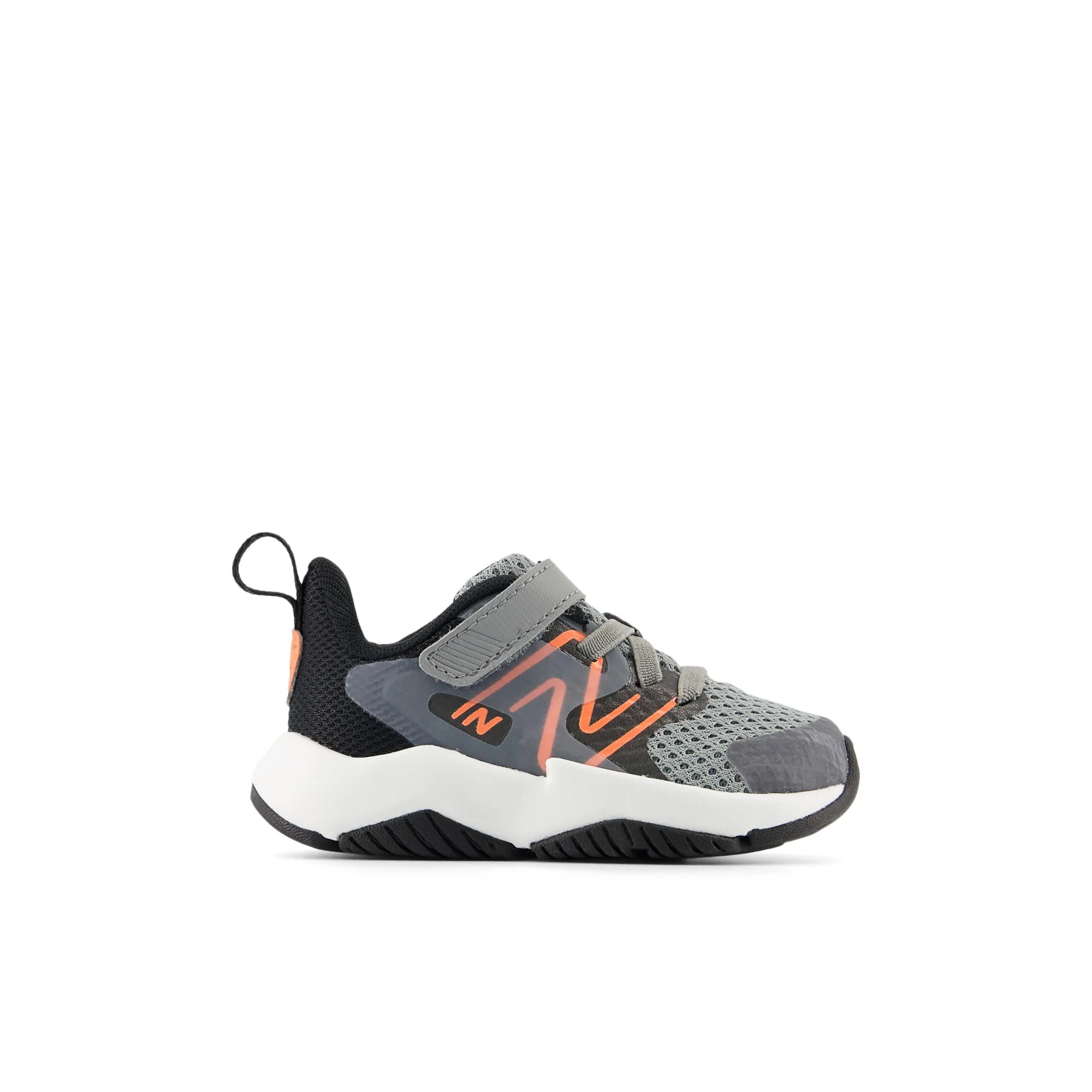 New Balance Kid's Rave Run v2 Bungee Lace with Top Strap in Slate Grey with Black and Tangerine Heat