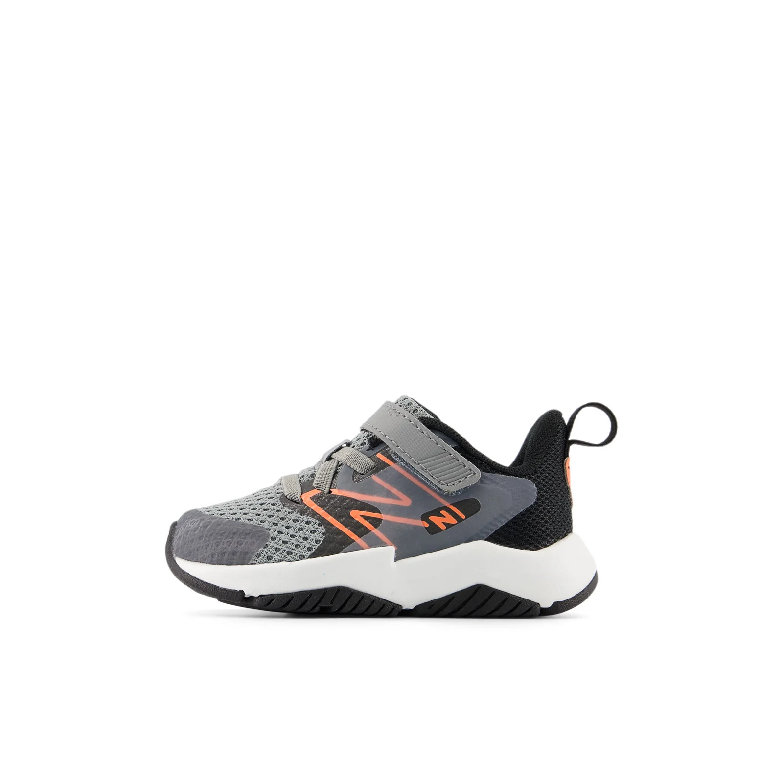 New Balance Kid's Rave Run v2 Bungee Lace with Top Strap in Slate Grey with Black and Tangerine Heat - Image 6