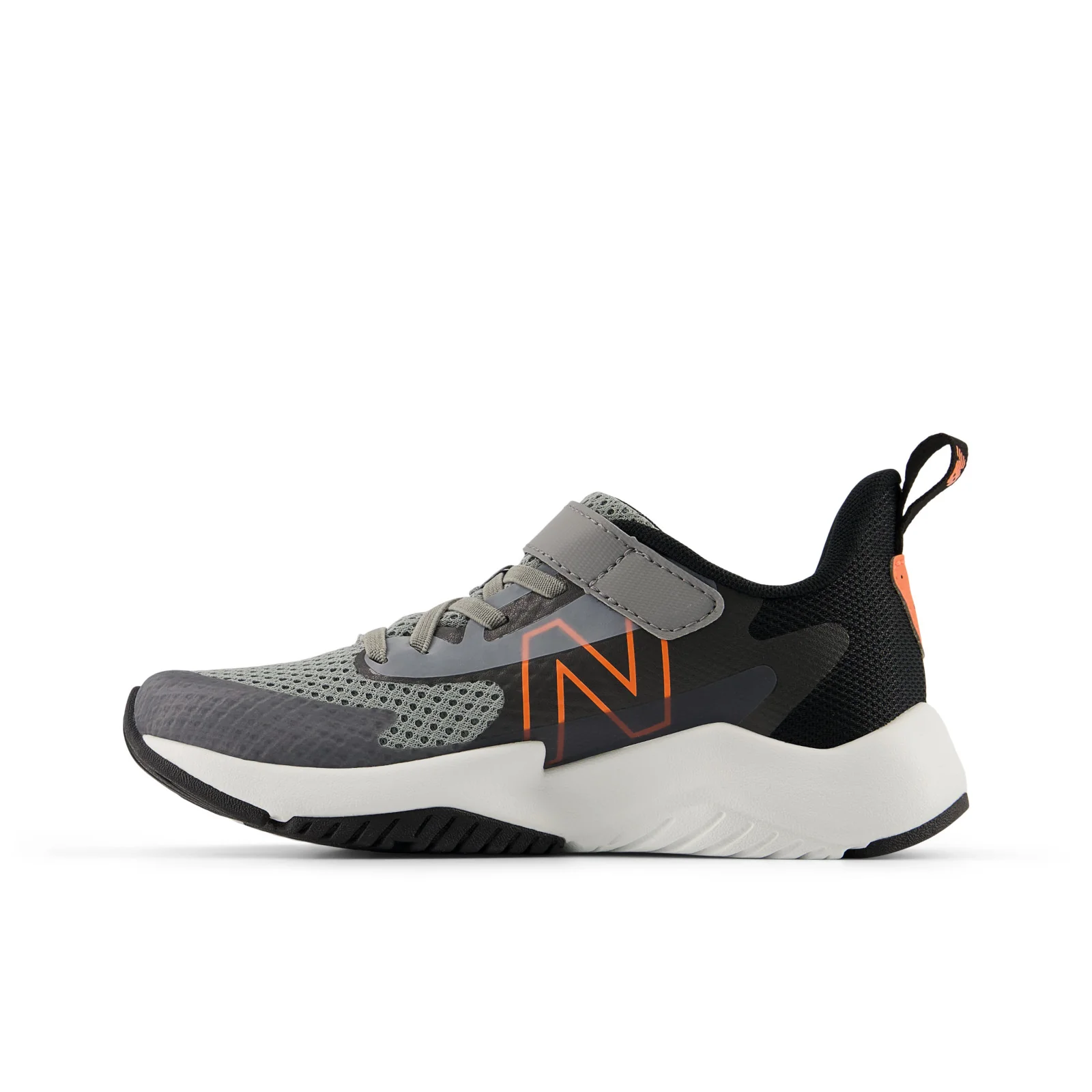 New Balance Kid's Rave Run v2 Bungee Lace with Top Strap in Slate Grey with Black and Tangerine Heat - Image 2