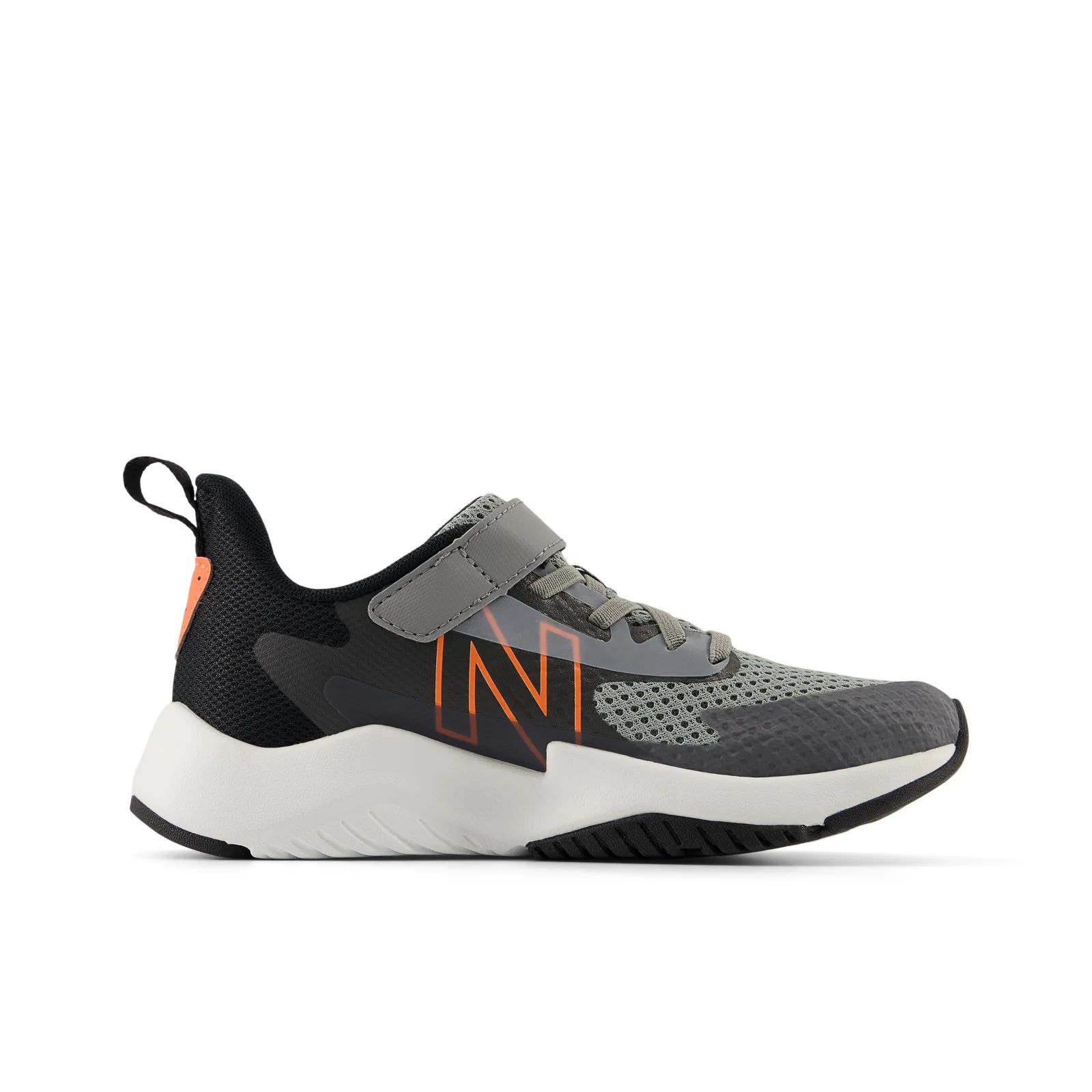 New Balance Kid's Rave Run v2 Bungee Lace with Top Strap in Slate Grey with Black and Tangerine Heat - Image 7